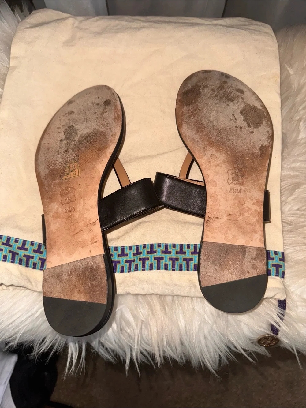 Tory Burch Kira Thong Sandals Calf Leather/Patent Perfect Blk 8.5